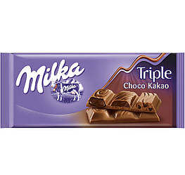 Milka Triple Choco Kakao Молочний шоколад із трьома типами начинки: рідкий шоколад, шоколадний мус і шматочки