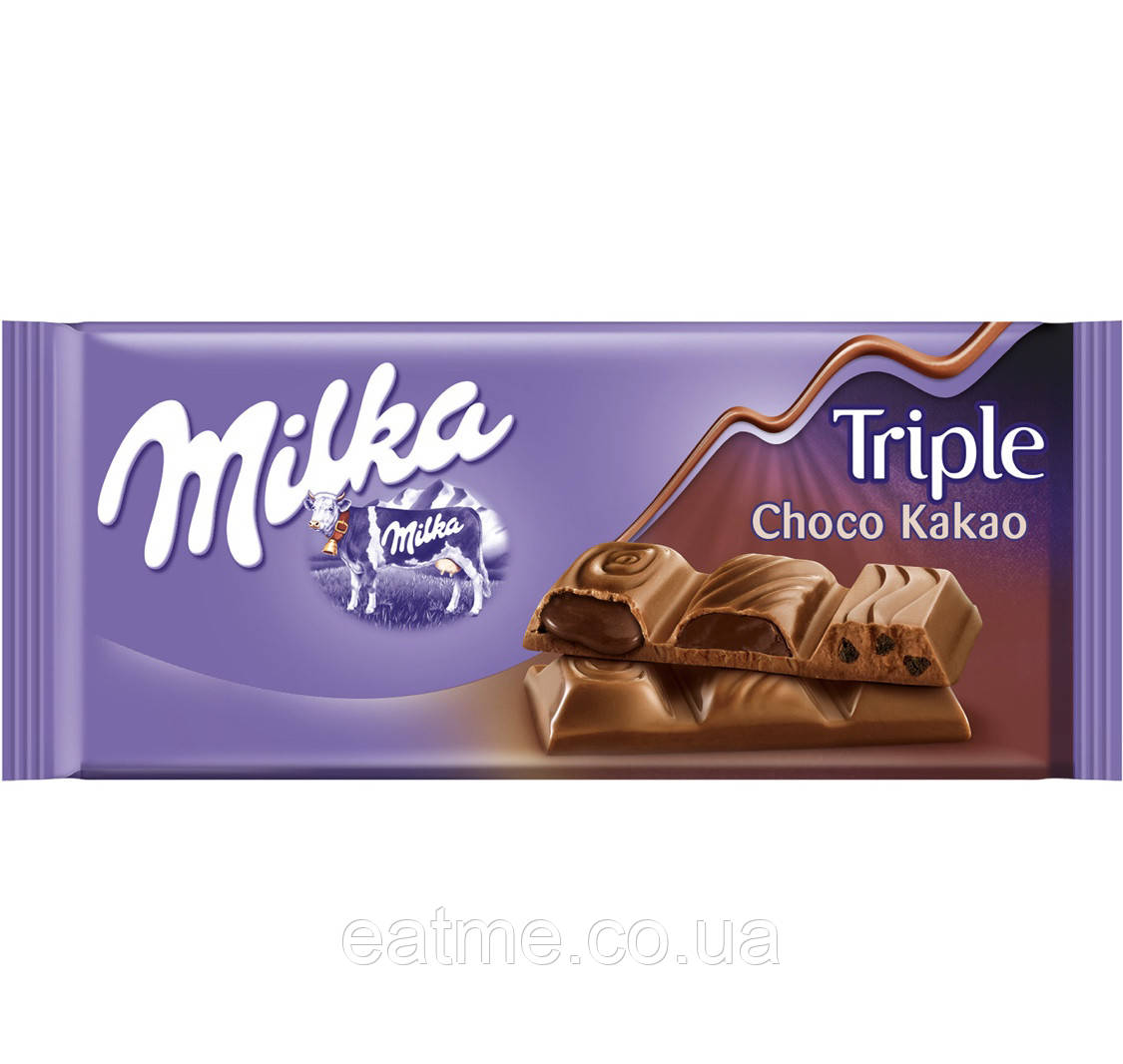 Milka Triple Choco Kakao Молочний шоколад із трьома типами начинки: рідкий шоколад, шоколадний мус і шматочки