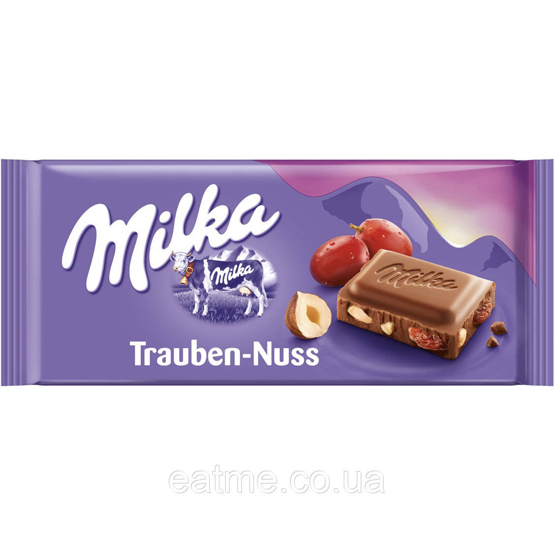 Milka Trauben-Nuss Молочний шоколад із родзинками та дробленим фундуком 100g, фото 1