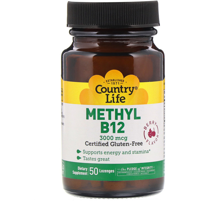 Вітамін В12 Country Life "Methyl B12" 3000 мкг, зі смаком ягід (50 льодяників), фото 1