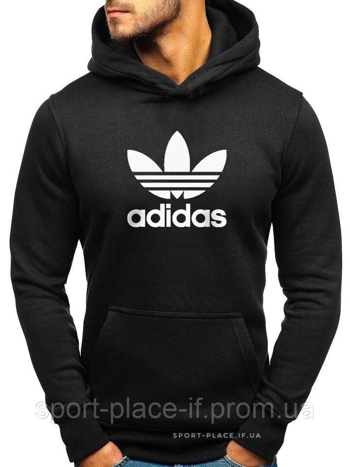Утеплена чоловіча толстовка Adidas (Адідас) чорна (ЗИМА) з начосом (велика емблема) кенгуру худі