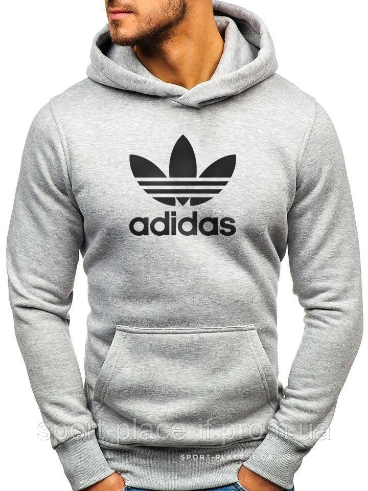 Чоловіча толстовка Adidas (Адідас) світло сіра (велика емблема) кенгуру худі