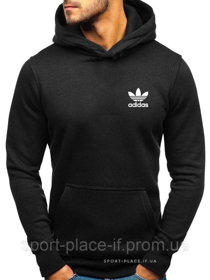 Чоловіча толстовка Adidas (Адідас) чорна (маленька емблема) кенгуру худі