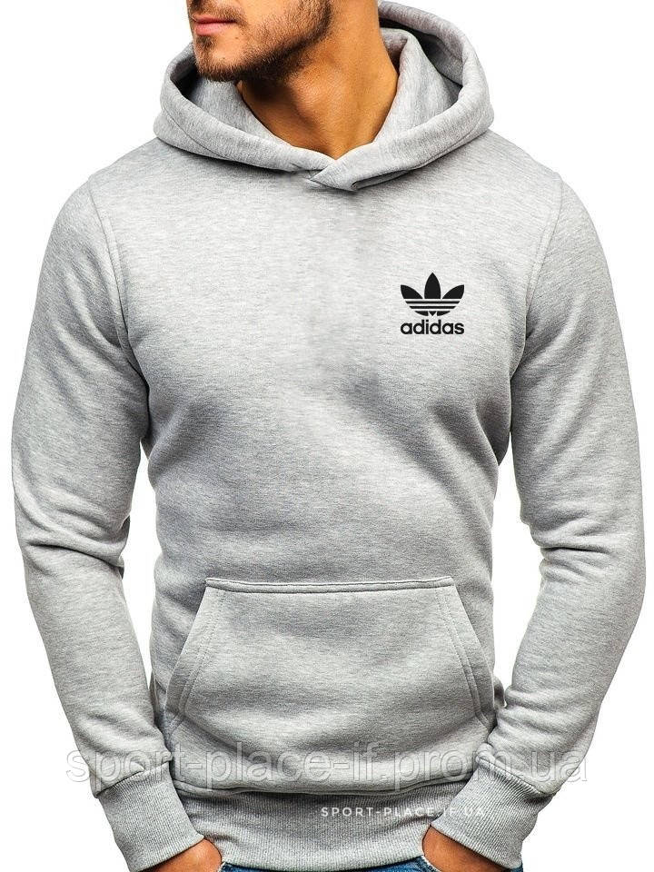 Чоловіча толстовка Adidas (Адідас) світло сіра (маленька емблема) кенгуру худі