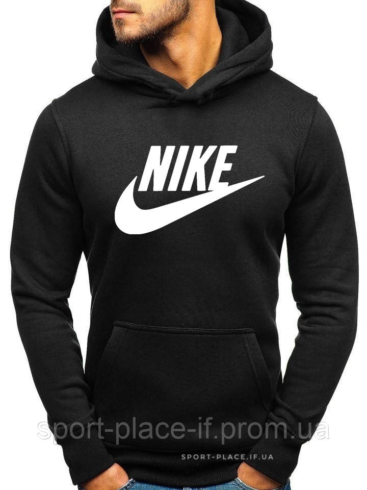 Утеплена чоловіча толстовка Nike (Найк) чорна (ЗИМА) з начосом (велика емблема) кенгуру худі