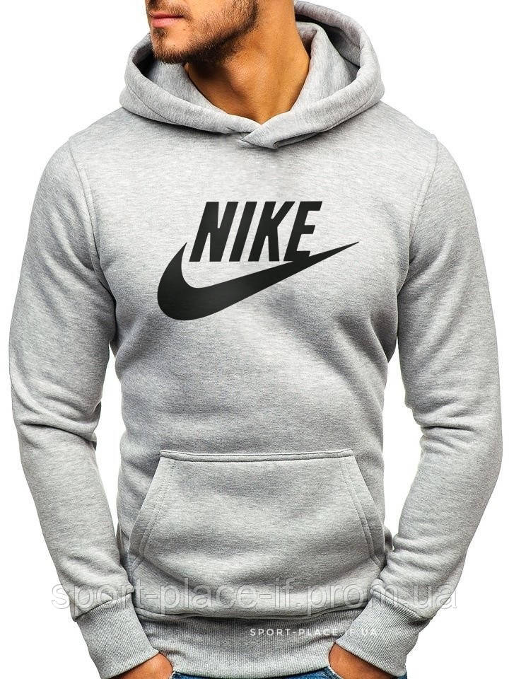Утеплена чоловіча толстовка Nike (Найк) ЗИМА світло сіра з начосом (велика емблема) кенгуру худі