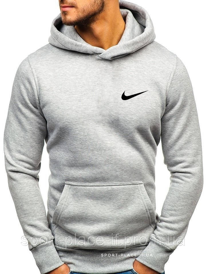 Утеплена чоловіча толстовка Nike (Найк) ЗИМА світло сіра з начосом (маленька емблема) кенгуру худі