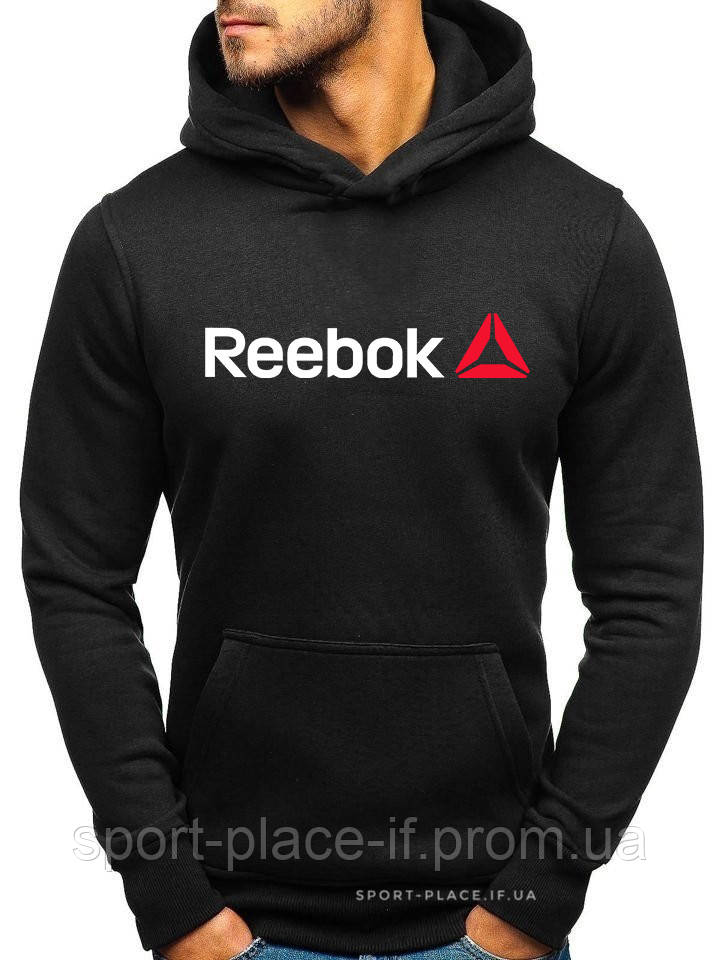 Утеплена чоловіча толстовка Reebok (Рібок) чорна (ЗИМА) з начосом (велика емблема) кенгуру худі
