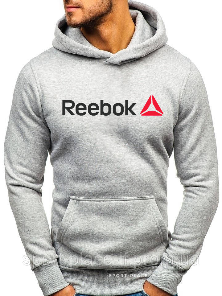 Чоловіча толстовка Reebok (Рібок) світло сіра (велика емблема) кенгуру худі