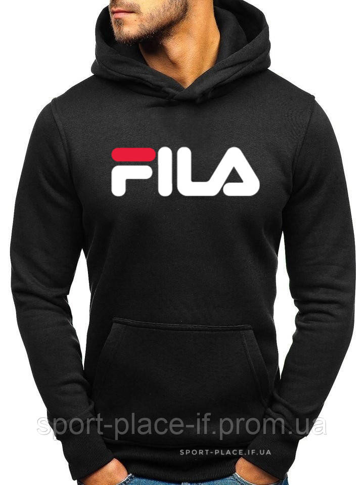 Утеплена чоловіча толстовка Fila (Філа) чорна (ЗИМА) з начосом (велика емблема) кенгуру худі