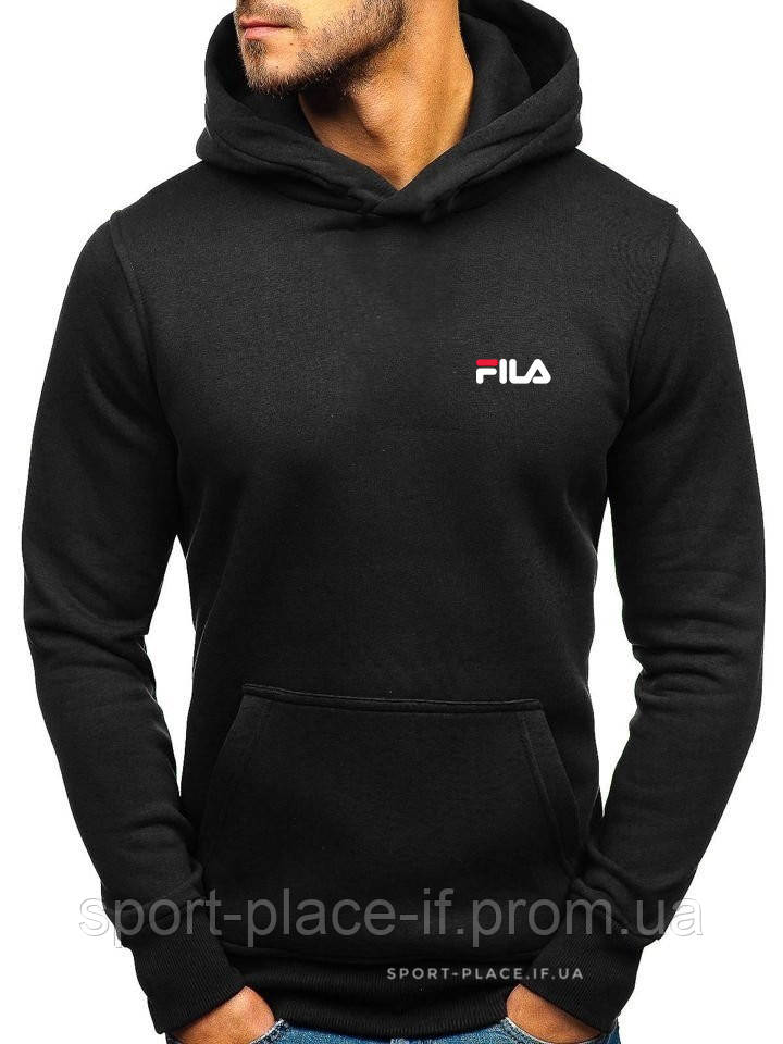 Утеплена чоловіча толстовка Fila (Філа) чорна (ЗИМА) з начосом (маленька емблема) кенгуру худі