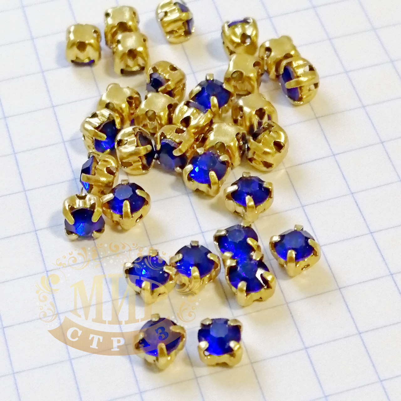Круглі стрази чатони в золотих цапах, розмір 4 мм, колір Cobalt, 1 шт.