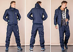 Зимовий чоловічий теплий стьобаний мтгьнрлновий костюм із курткою на овчині . Арт-1201/29* темно-синій