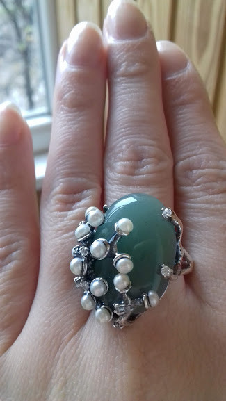 срібне кільце Гаета з авантюрином і перлинками, фото 1