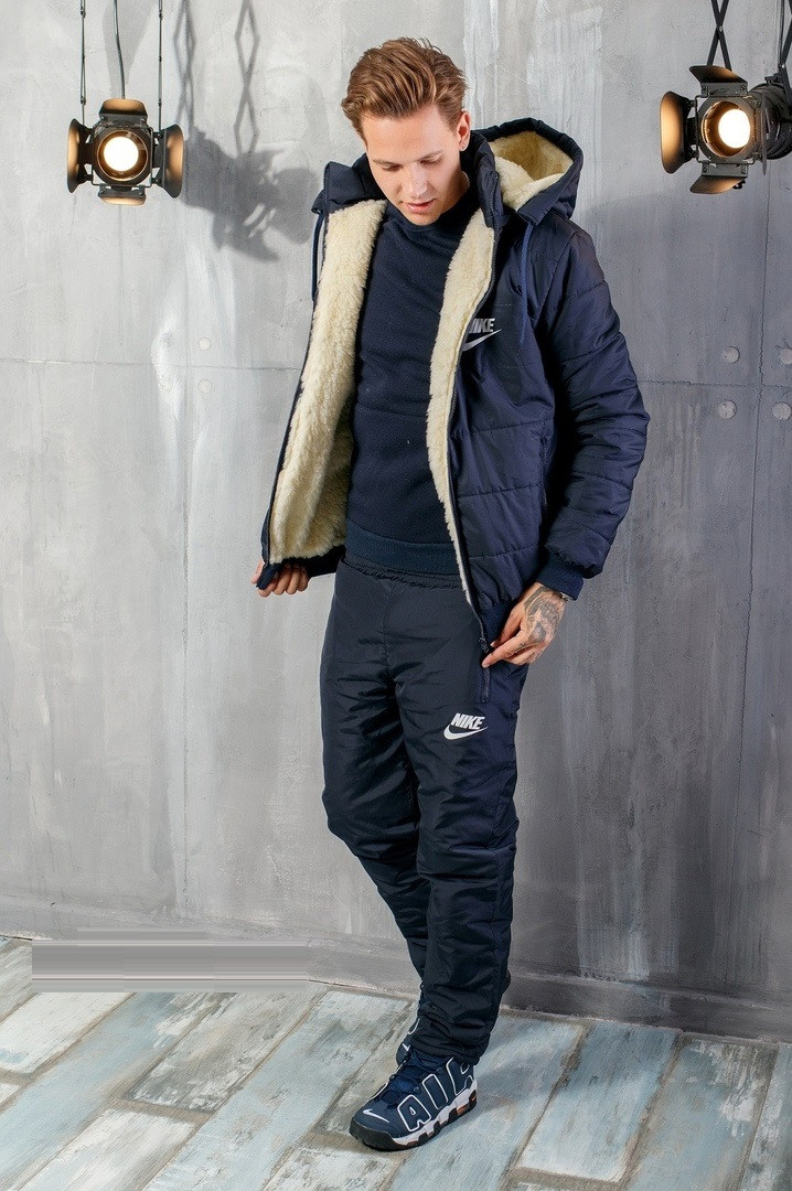 Зимовий чоловічий теплий стьобаний костюм Найк синтепоновий з курткою на овчині і знімним капюшоном. Арт-1202/29
