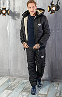Зимовий чоловічий теплий стьобаний костюм Найк синтепоновий із курткою на овчині та капюшоном (р.48-54). Арт-1202/29 чорний