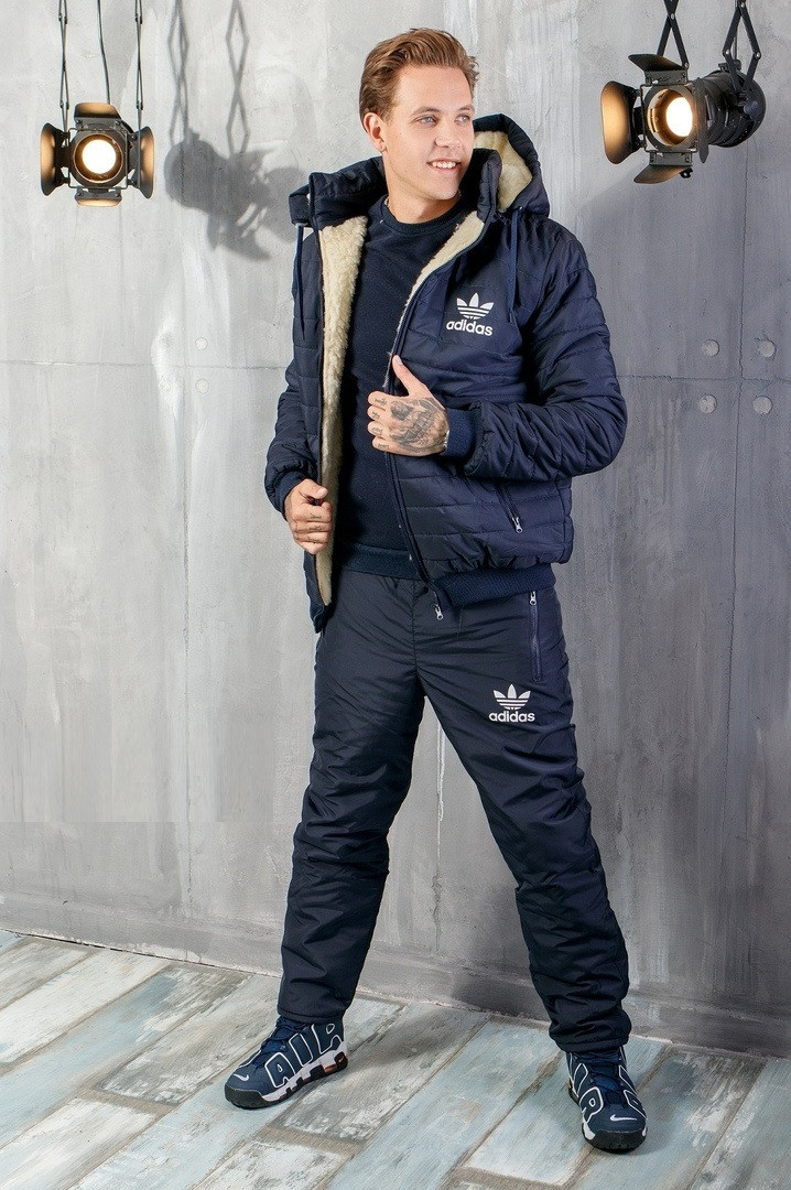 Зимний мужской теплый стеганый костюм Адидас курткой на овчине и капюшоном (р.48-54). Арт-1203/29 темно-синий - фото 1 - id-p1465247079
