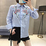 Блузка сорочка жіноча синя в смужку з довгим рукавом, фото 2
