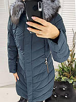 Пальто зимове жіноче з натуральним хутром (чернобурка)в бутилочному кольорі/  размір 48