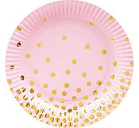 Тарелки в стиле Розовые с золотым горохом 10 шт. бумажные одноразовые 18см.