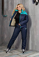Зимовий стьобаний жіночий синтепоновий костюм великих розмірів куртка на овчині (р.48-56). Арт-1206/29 синій +бірюза