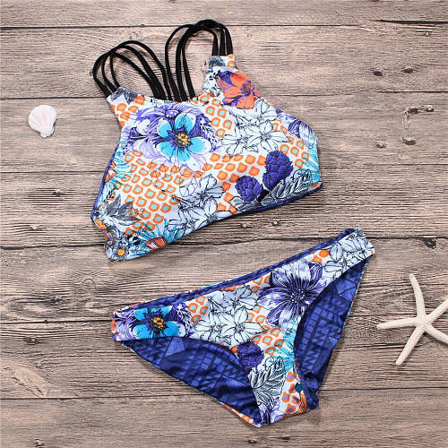 Купальник женский раздельный двухсторонний хай-нек с цветочным принтом ...