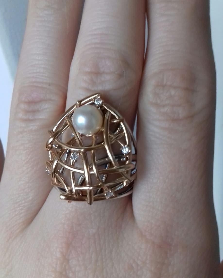 Срібне кільце з позолотою й перлиною Бамбук, фото 1