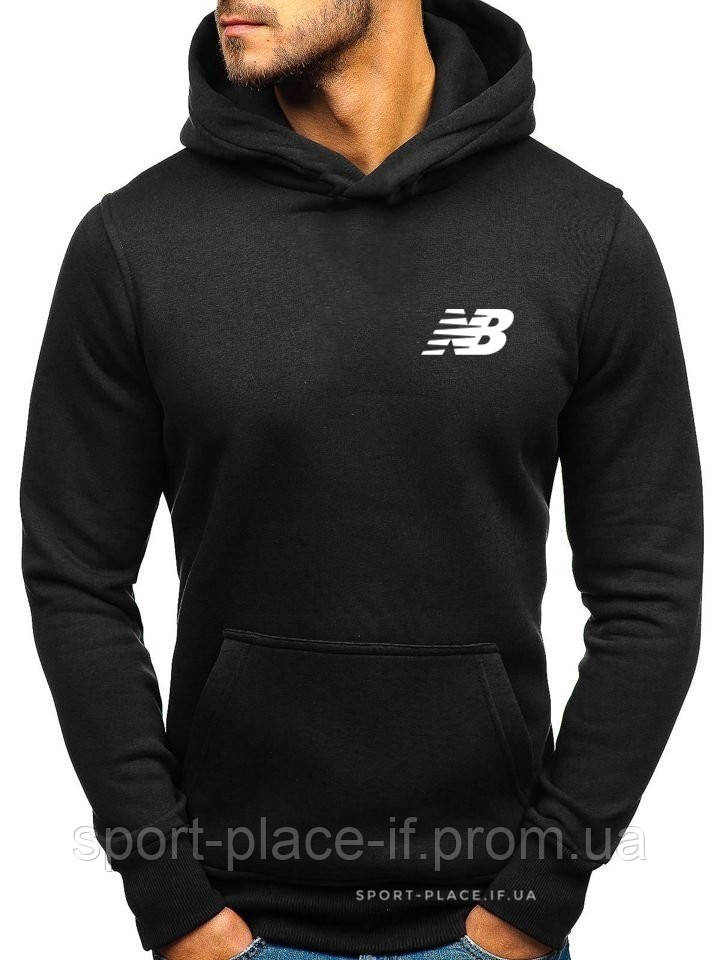 Утеплена чоловіча толстовка New Balance (Нью Беланс) чорна (ЗИМА) з начосом (маленька емблема) кенгуру худі
