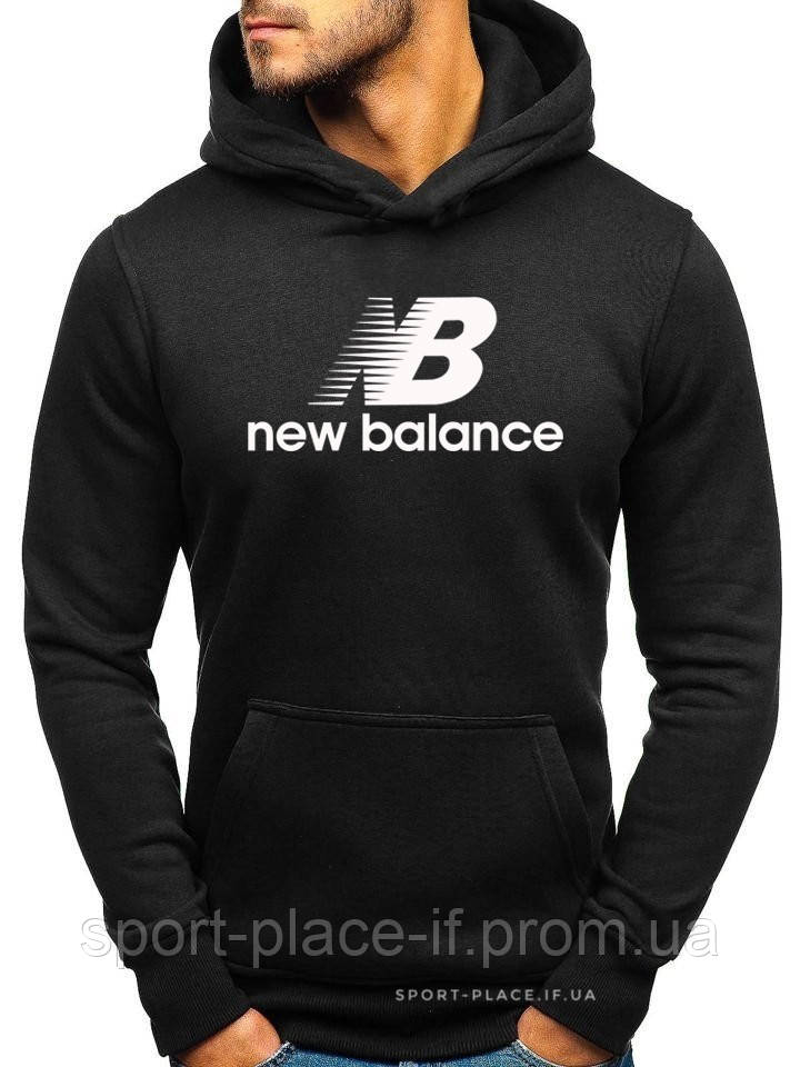 Утеплена чоловіча толстовка New Balance (Нью Беланс) чорна (ЗИМА) з начосом (велика емблема) кенгуру худі