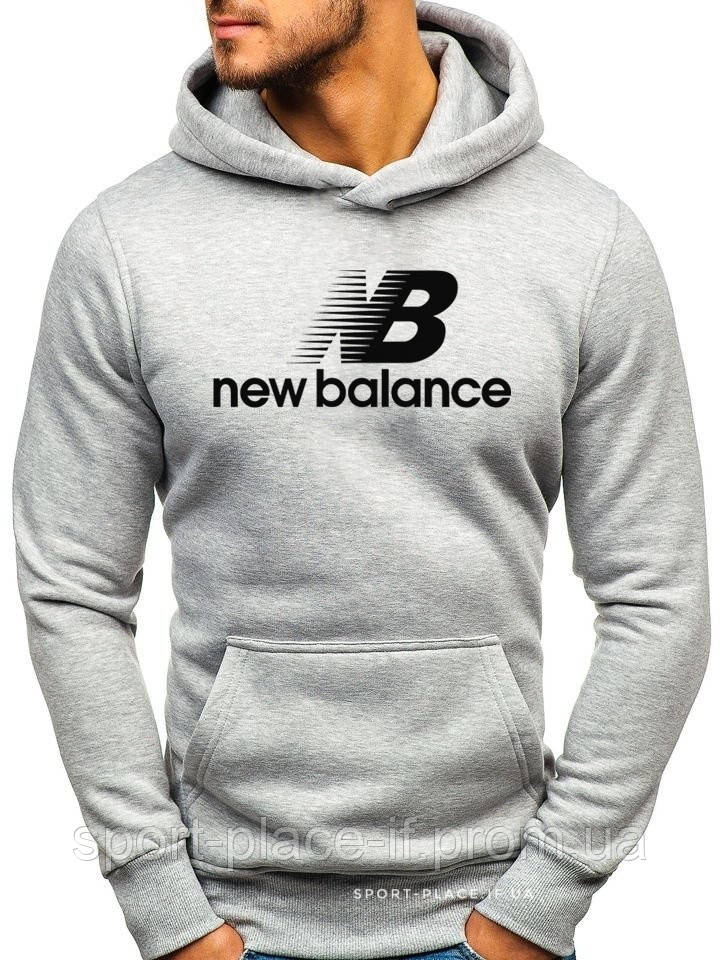 Утеплена чоловіча толстовка New Balance (Нью Беланс) ЗИМА світло сіра з начосом кенгуру худі