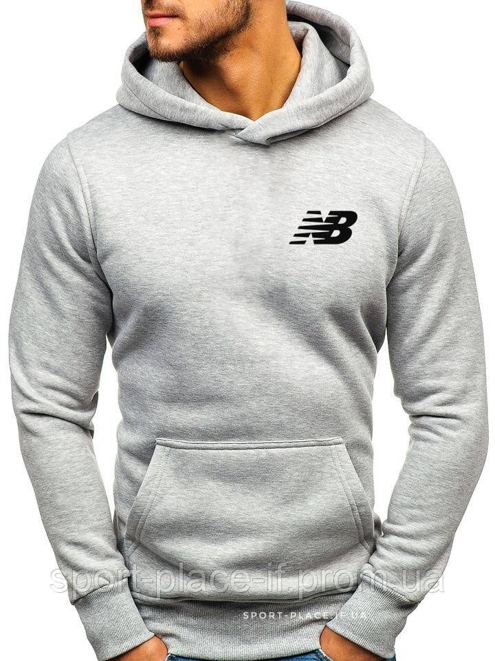 Чоловіча толстовка New Balance (Нью Беланс) світло сіра (маленька емблема) кенгуру худі