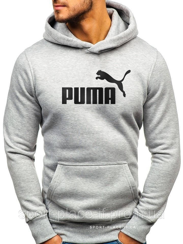 Чоловіча толстовка Puma (Пума) світло сіра (велика емблема) кенгуру худі