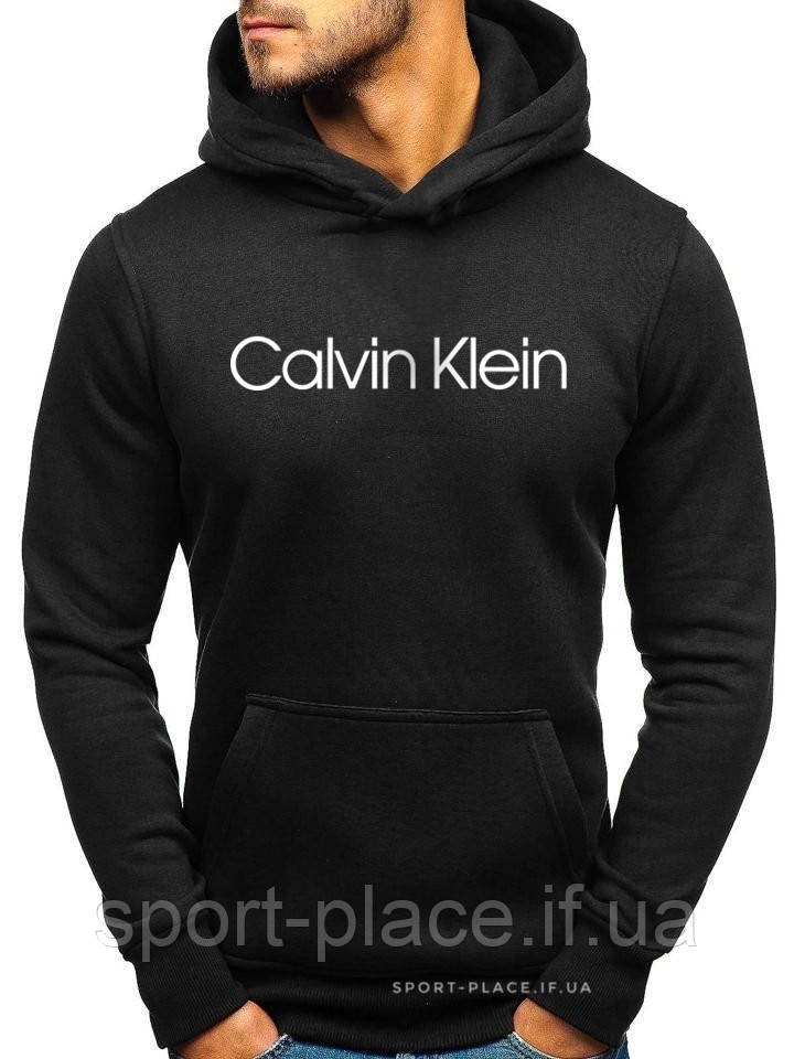 Утеплена чоловіча толстовка Calvin Klein (Келвін Кляйн) чорна (ЗИМА) з начосом кенгуру худі