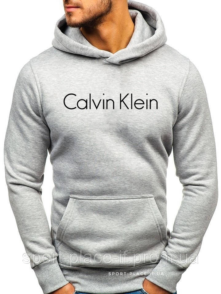 Утеплена чоловіча толстовка Calvin Klein (Кельвін Кляйн) ЗИМА світло сіра з начосом кенгуру худі