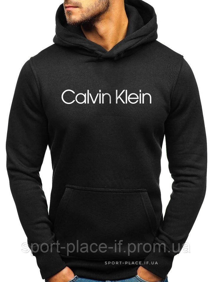 Чоловіча толстовка Calvin Klein (Келвін Кляйн) чорна (велика емблема) кенгуру худі