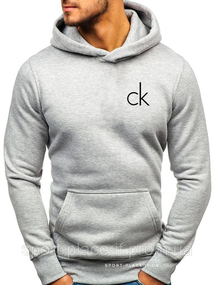 Чоловіча толстовка Calvin Klein (Кельвін Кляйн) світло сіра (маленька емблема) кенгуру худі