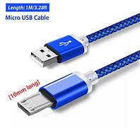Micro USB кабель з подовженим конектором 9 мм, усилений Синій