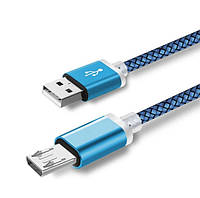 Micro USB кабель з подовженим конектором 9 мм, усилений Голубий