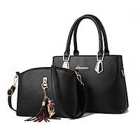 Женская кожаная стильная сумка + мини сумка клатч в подарок. Женская сумка в комплекте с клатчем Топ черный