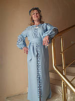 Плаття жіноче довге, блакитне, в етнічному стилі, з вишивкою "Княж"