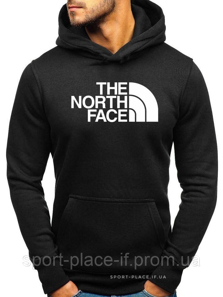 Утеплена чоловіча толстовка The North Face (Норс Фейс) чорна (ЗИМА) з начосом (велика емблема) кенгуру худі