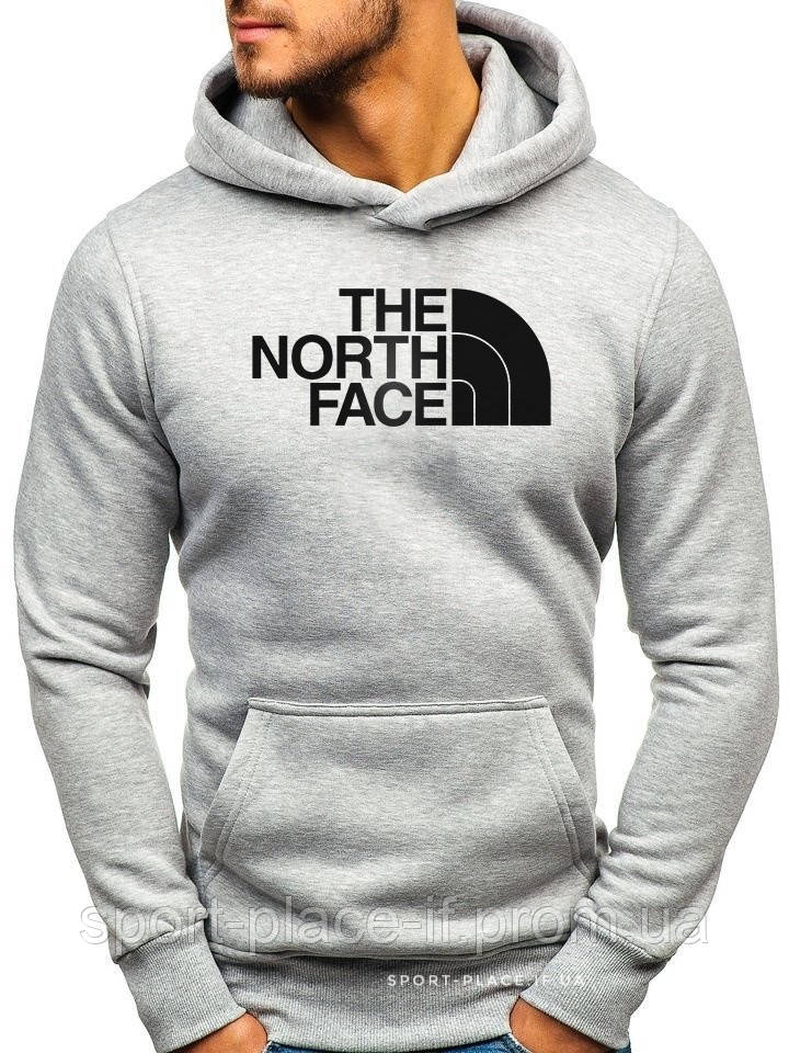 Утеплена чоловіча толстовка The North Face (Норс Фейс) ЗИМА світло сіра з начосом кенгуру худі