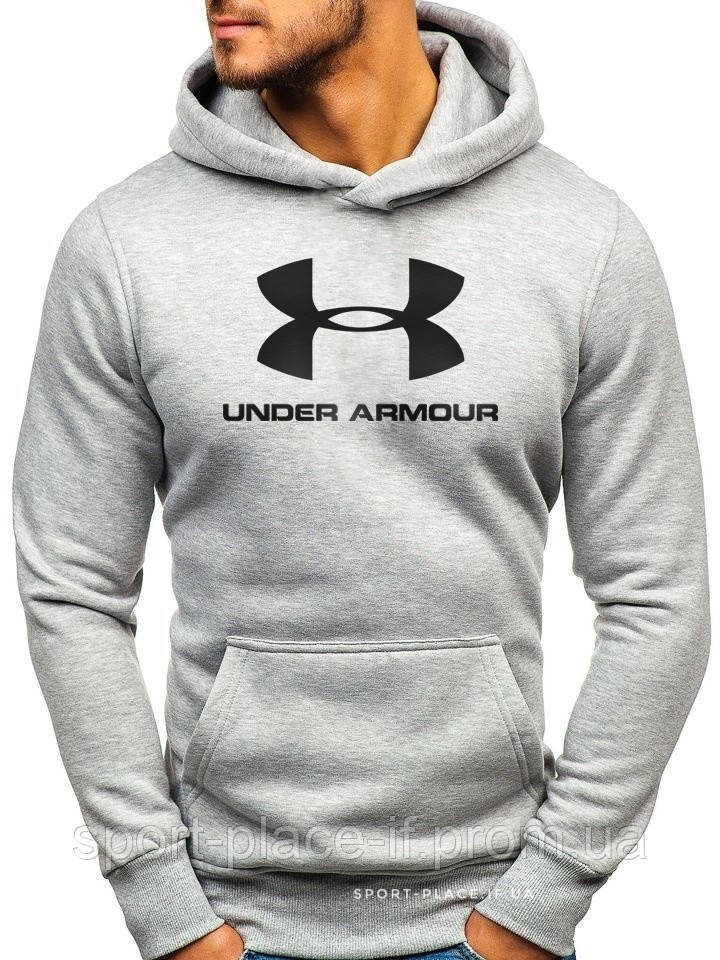 Чоловіча толстовка Under Armour (Андер Армор) світло сіра (велика емблема) кенгуру худі