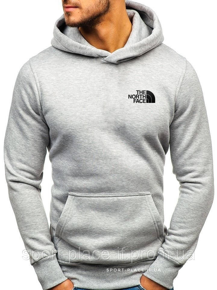 Чоловіча толстовка The North Face (Норс Фейс) світло сіра (маленька емблема) кенгуру худі
