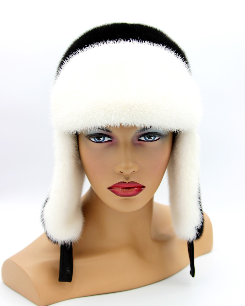 Женская норковая меховая шапка-ушанка "Лобик" длинное ухо белый/черный. - фото 2 - id-p185155756