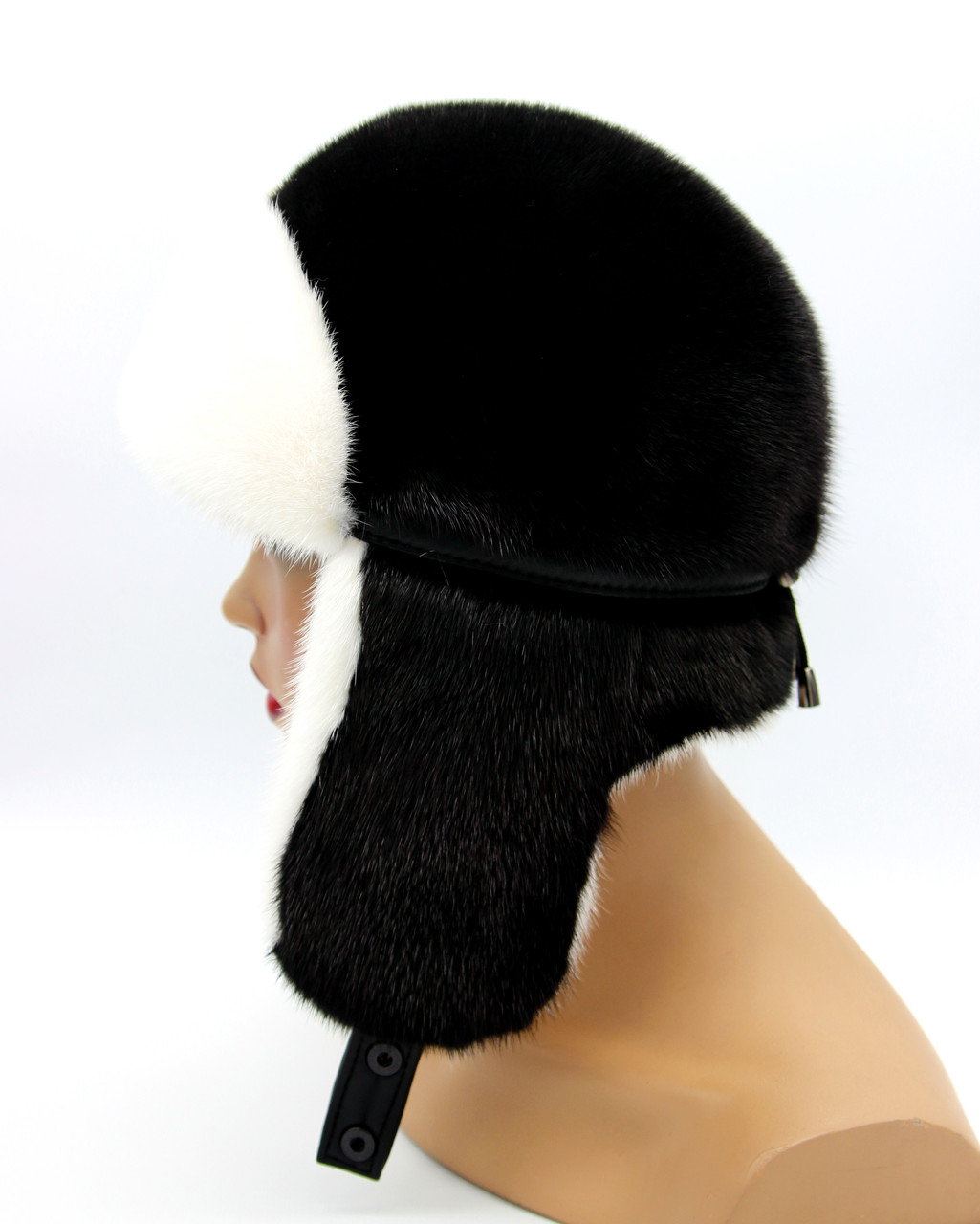 Женская норковая меховая шапка-ушанка "Лобик" длинное ухо белый/черный. - фото 3 - id-p185155756