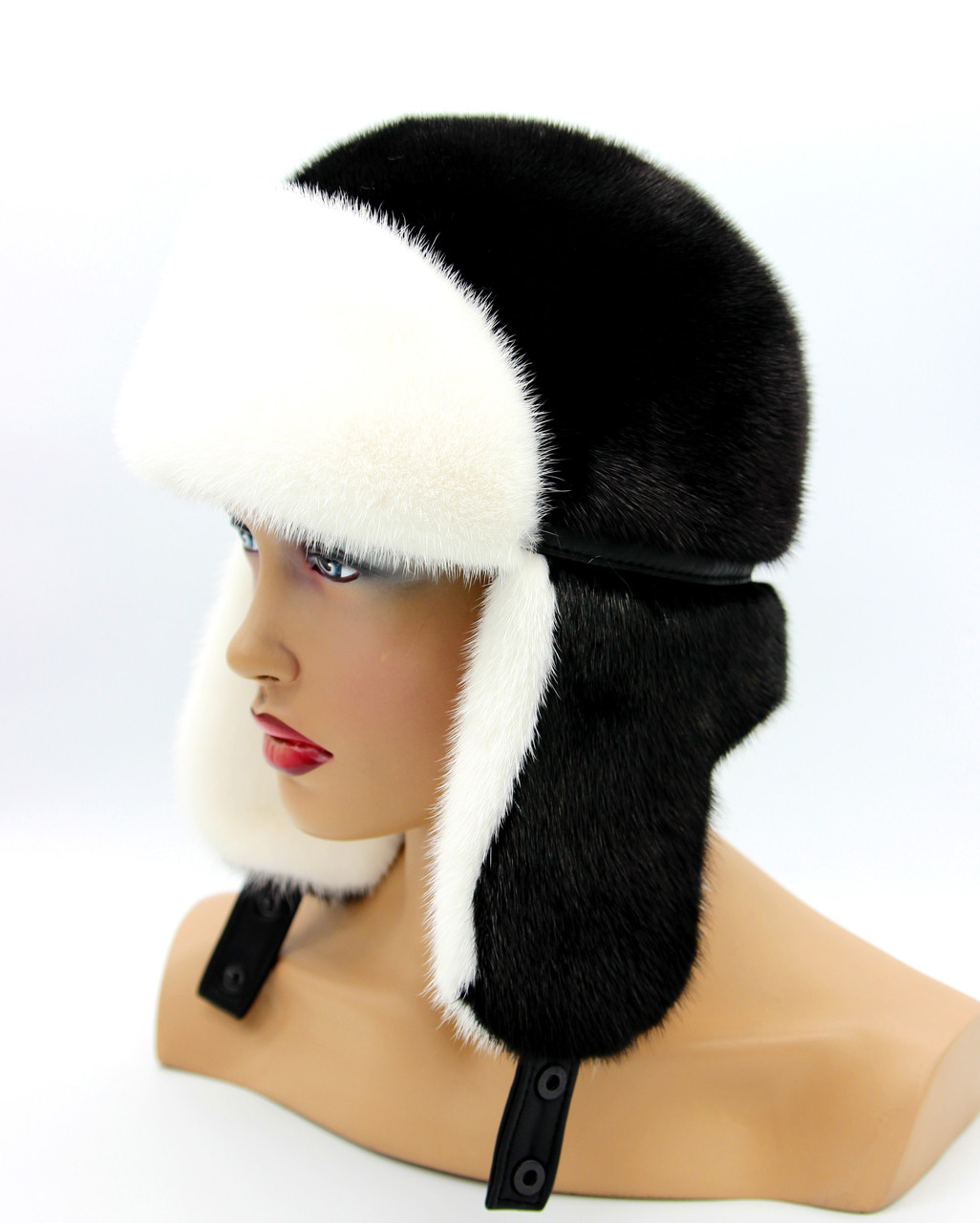 Женская норковая меховая шапка-ушанка "Лобик" длинное ухо белый/черный. - фото 4 - id-p185155756