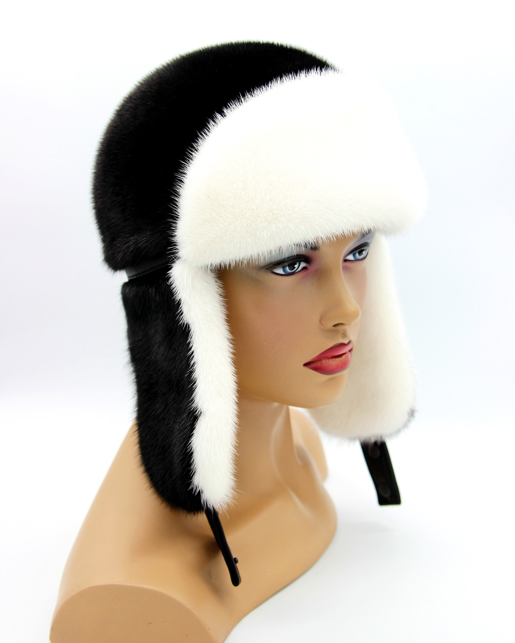 Женская норковая меховая шапка-ушанка "Лобик" длинное ухо белый/черный. - фото 1 - id-p185155756