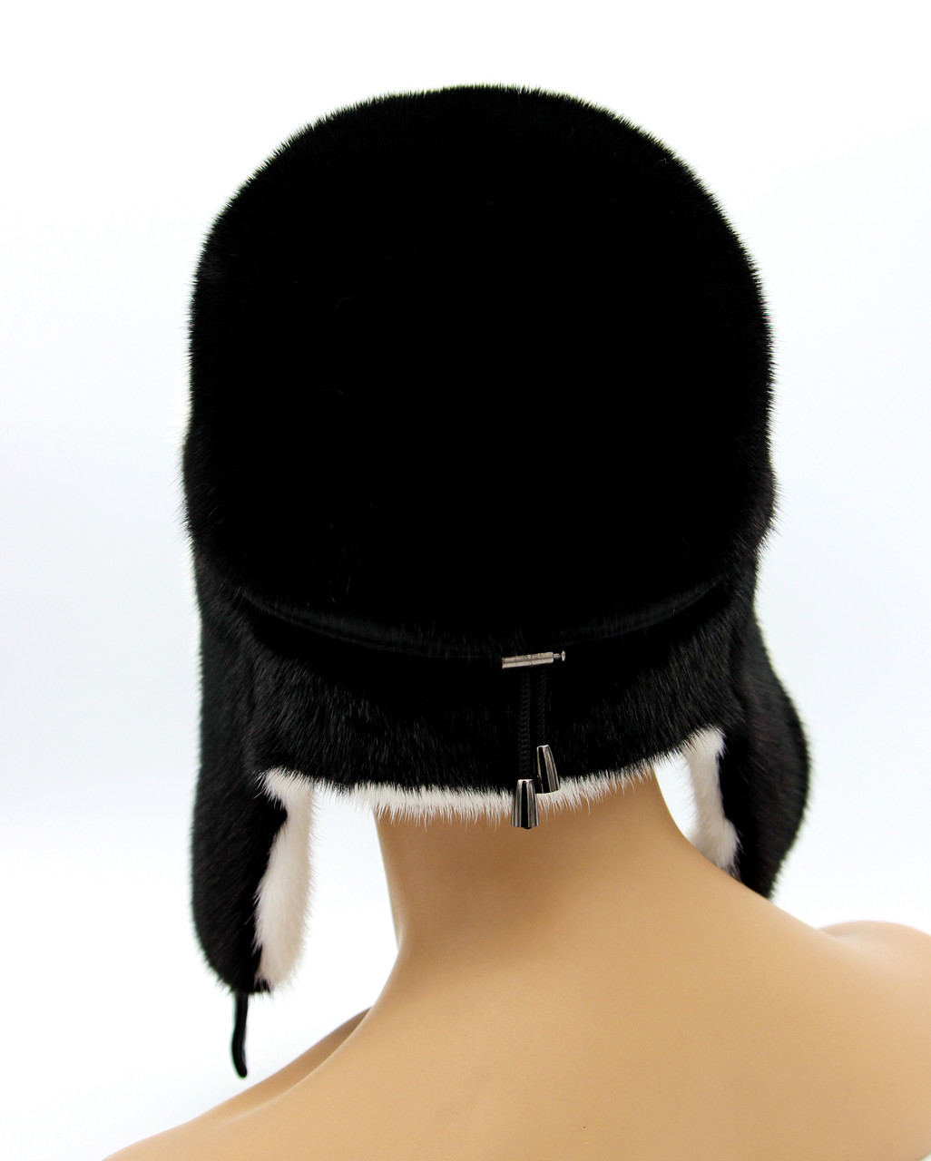 Женская норковая меховая шапка-ушанка "Лобик" длинное ухо белый/черный. - фото 5 - id-p185155756