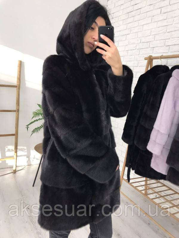 Шуба норкова натуральна чорна з капюшоном 90 см.